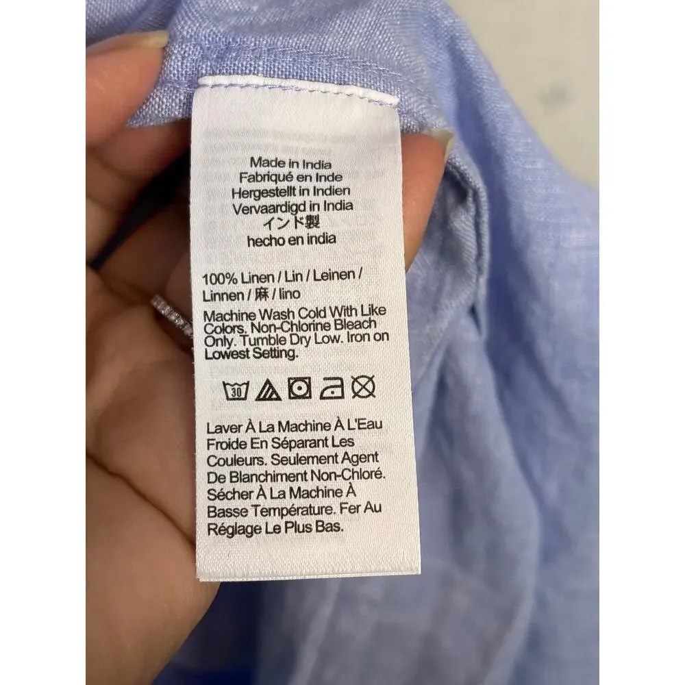 J Crew Bungalow Maxi Popover Dress XS in Linen Blue Quiet Luxury Coastal Beach